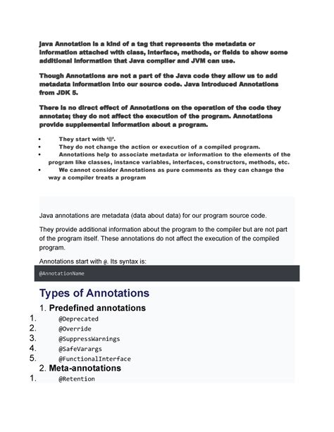 Java annotations are metadata - java Annotation is a kind of a tag that ...