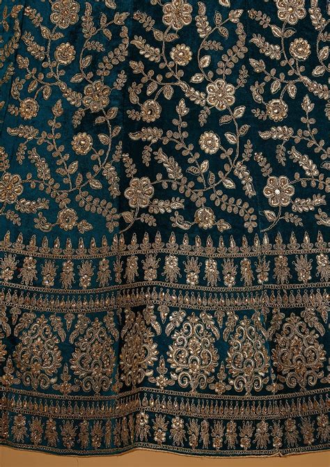 Buy Rama Green Zariwork Velvet Semi Stitched Lehenga - Koskii
