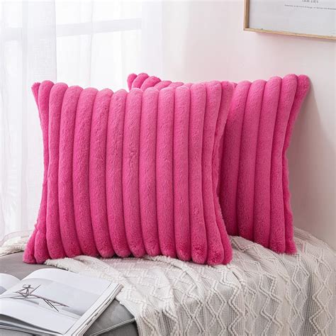 MIULEE Hot Pink Throw Pillow Covers 20x20 Inch Set of 2 Fuzzy Striped ...