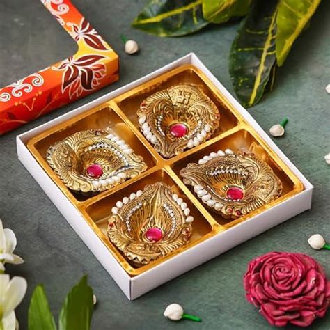 Buy eCraftIndia Set of 4 Golden Decorative Clay Diyas Terracotta Deepam ...