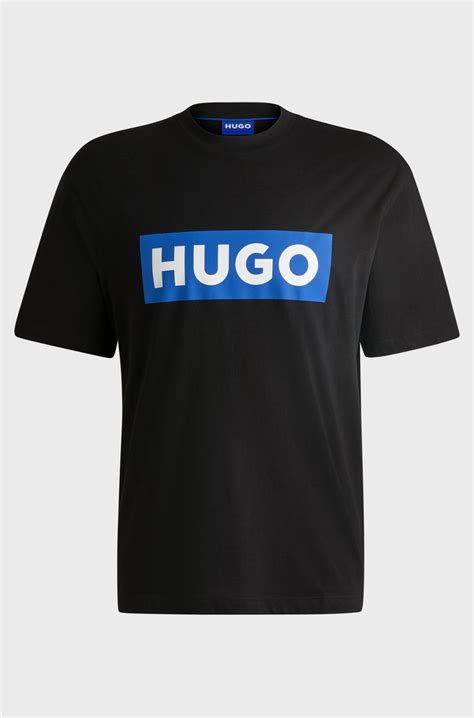 HUGO - Cotton-jersey T-shirt with blue logo print - Black
