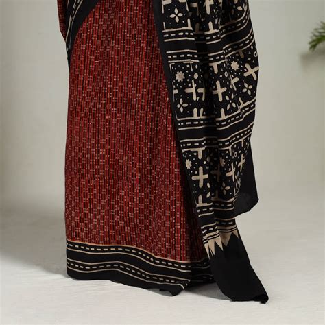 Red Mul Cotton Block Print Ajrakh Saree