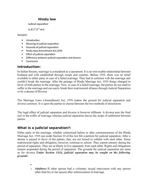 Hindu LAW LECT 5 - Hindu law Judicial separaion LL.B,2nd sem Synopsis ...