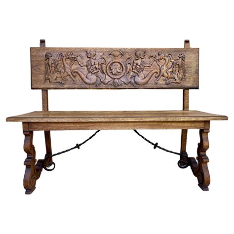 Spanish Renaissance Carved Oak Bench Banquette Escaño, 1890s For Sale ...