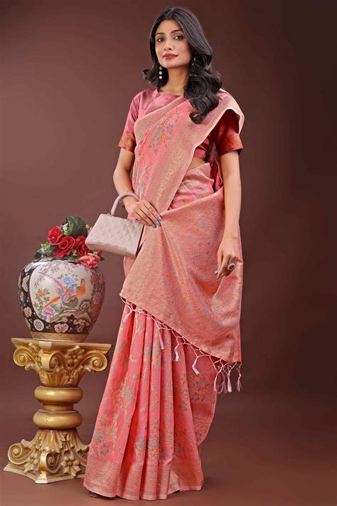 Gajari Pink Linen Cotton Saree With Intricate Floral Zari Weaving & Ta