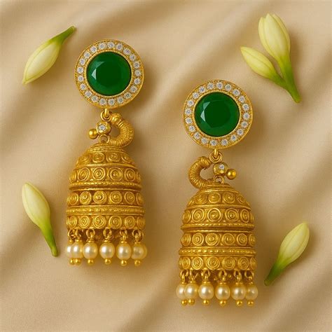 Royal Emerald Dome Jhumkas with Pearl Drops - Antique Gold Finish in P ...