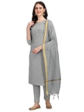 VredeVogel Women's Cotton Embroidery Work Kurta with Pant & Chanderi ...