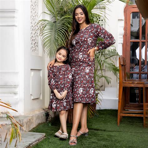 Cotton Grey Floral Embroidered Mom and Daughter Dresses – Fashiana