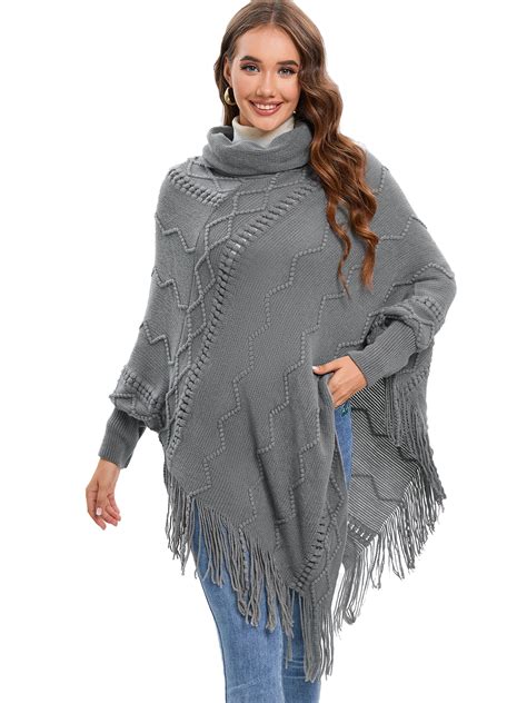 Women Ponchos Sweater Versatile Lightweight Solid Knitted Shawl Wrap ...