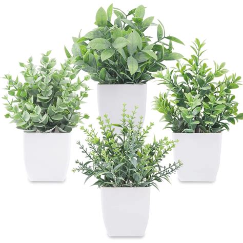 Primrue 4 Packs Fake Plants Mini Artificial Greenery Potted Plants For ...