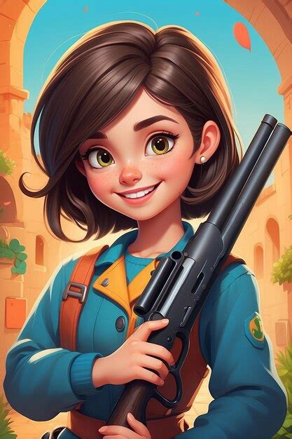 Cute girl shooting with shotgun weapon cartoon vector icon illustration ...