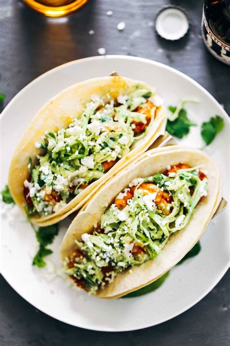 Spicy Shrimp Tacos with Garlic Cilantro Lime Slaw Recipe - Pinch of Yum
