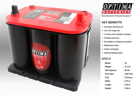 OPTIMA 35 RED TOP 12 VOLT RHP HIGH PERFORMANCE AGM DRY CELL BATTERY 730CCA