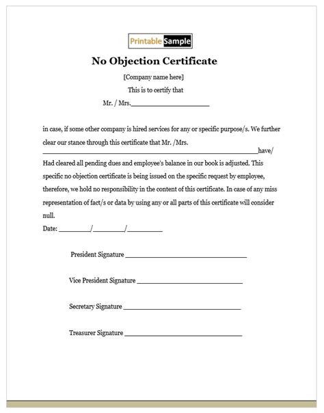No Objection Certificate Templates - Printable Samples