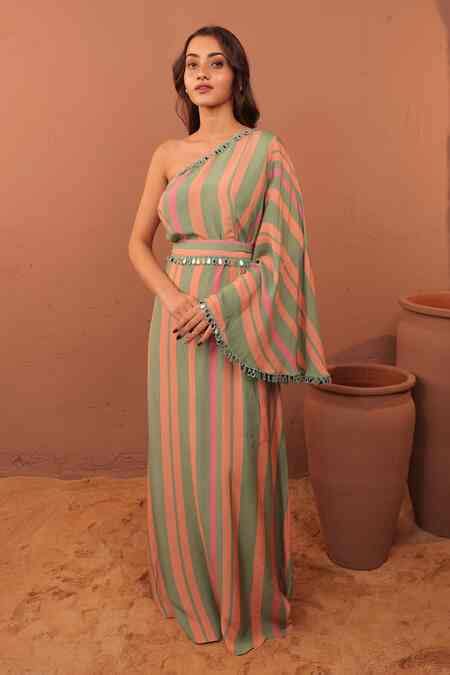 Buy Surkh Syahi Green Striped One Shoulder Maxi Dress Online | Aza Fashion.