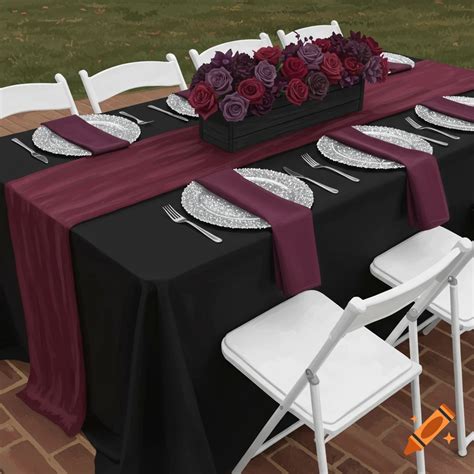 Rectangular table with black tablecloth, maroon table runner, white ...