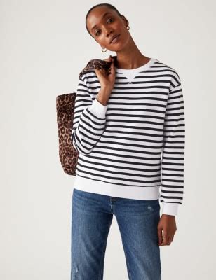 Cotton Rich Striped Crew Neck Sweatshirt