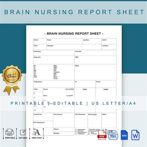 Printable Brain Nursing Report Sheet Template, Editable Nurse Brain ...