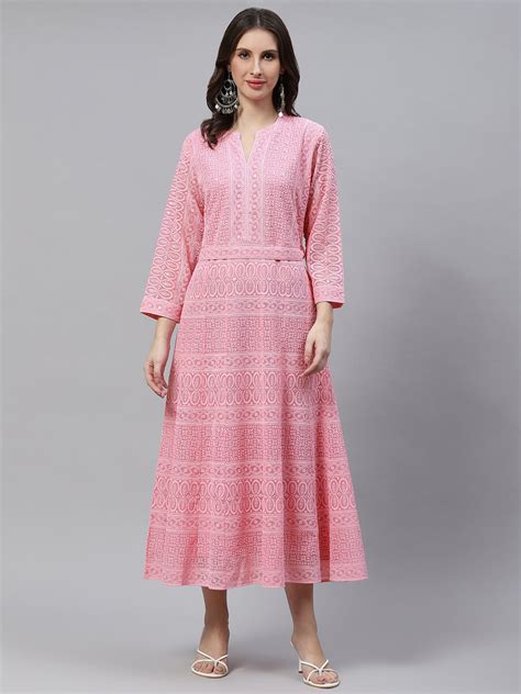 Georgette Chikankari Embroidery Pink Flared Dress For Women- Zola
