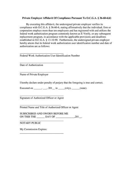 GA Private Employer Affidavit of Compliance Pursuant Form - Fill Online ...