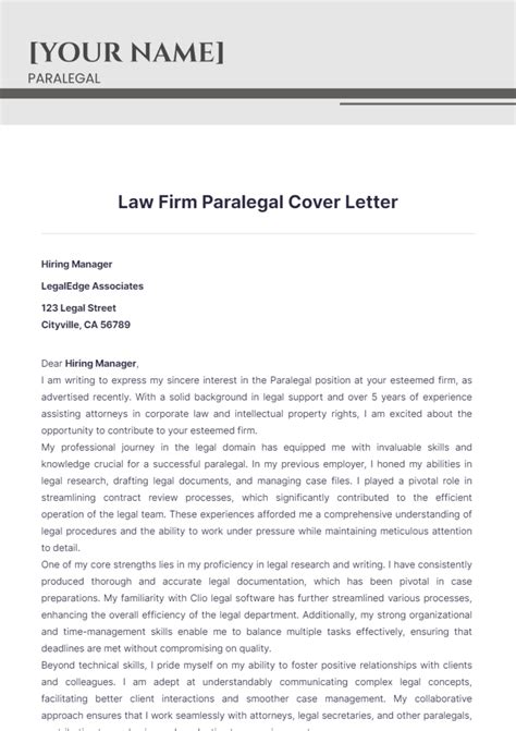 Free Law Firm Paralegal Cover Letter Template to Edit Online