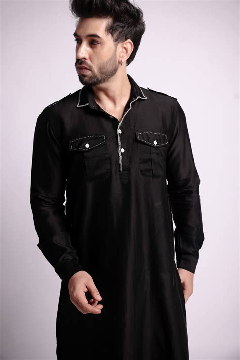 Black Kaaj Embroidered Pathani Kurta Salwar Set for Men – Bihart