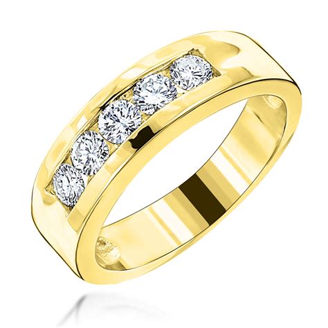 18K Yellow Gold Men's Diamond Wedding Band 5 Stone Anniversary Ring 0 ...