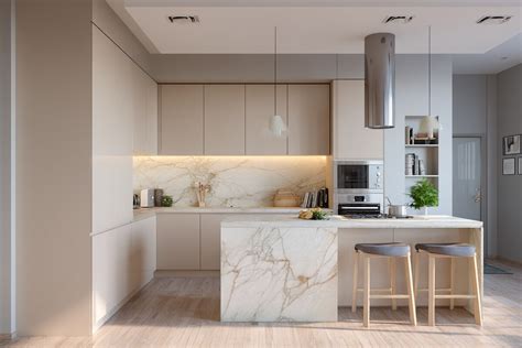 Minimal Open Kitchen Design in Irish Cream with Marble Countertop