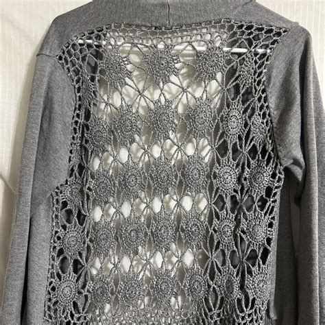 Vila Milano Crochet Back Gray Cardigan Sweater Size L… - Gem