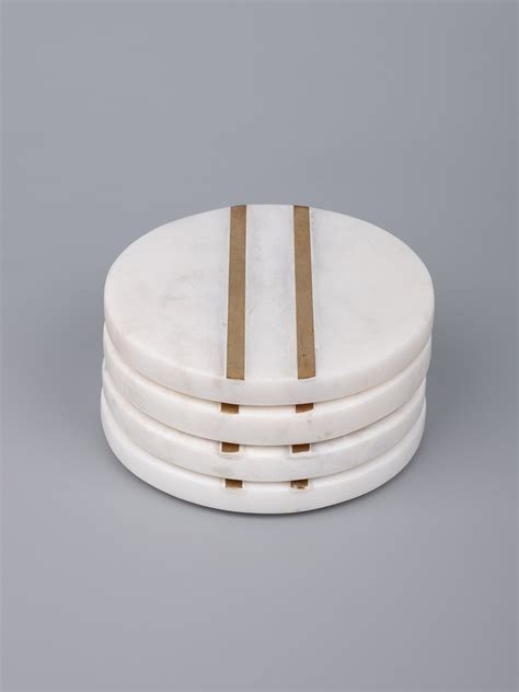 Round White Marble Coaster Set - 4 Pieces | Brass Inlay Work