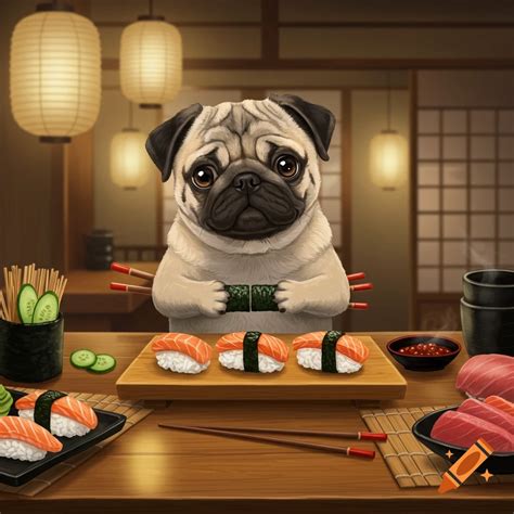 A cute cartoon pug sits at a wooden counter in a sushi restaurant ...
