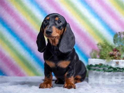Premium Photo | Black and tan cute dachshund puppy sitting on rainbow ...