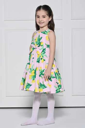 Buy Pink Cotton Bows Lime Print Dress For Girls by The Pony & Peony Co ...