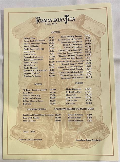 Menu at Posada de la Villa steakhouse, Madrid