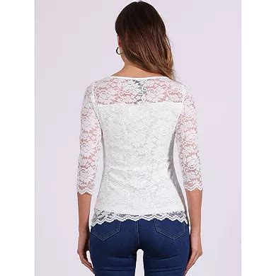 Floral Lace Top for Women's 3/4 Sleeve Crew Neck Casual Elegant Lace ...