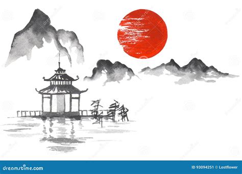 Japan Traditional Japanese Painting Sumi-e Art Sun Mountain Temple Stock Illustration ...