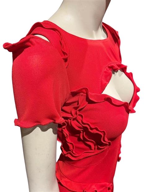 Y2k Stephen Burrows Fierce Red Maxi Jersey Dress with Lettuce Edge Ruffle For Sale at 1stDibs