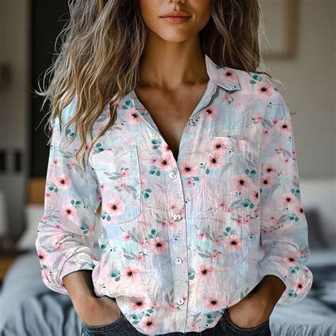 Pink Women Shirts, Womens Linen Button Down Shirts Floral Printed V ...