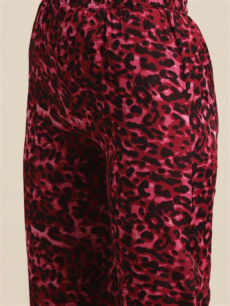 Wine & black leopard print crepe shirt and pant set