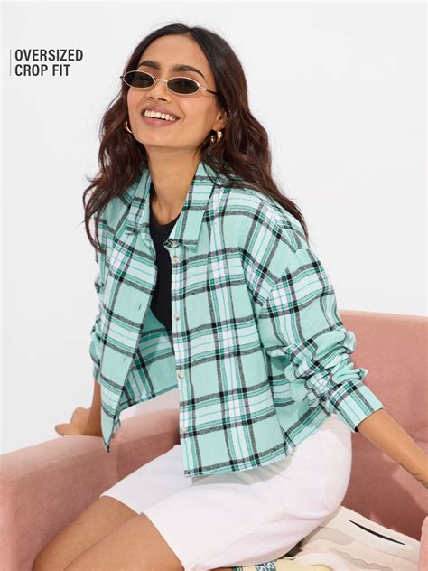 Buy Plaid: Pool Green And White Women Boxy Fit Shirts online at The ...
