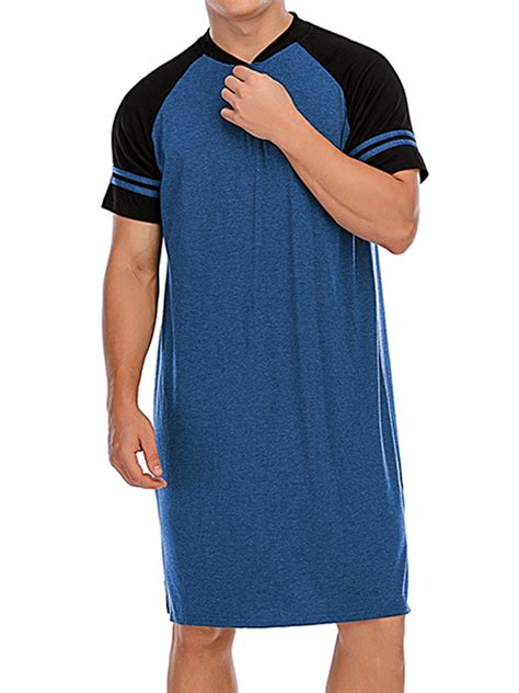 Mens Sleep Shirt Long Sleepwear Raglan Sleeve Nightshirt Patchwork ...