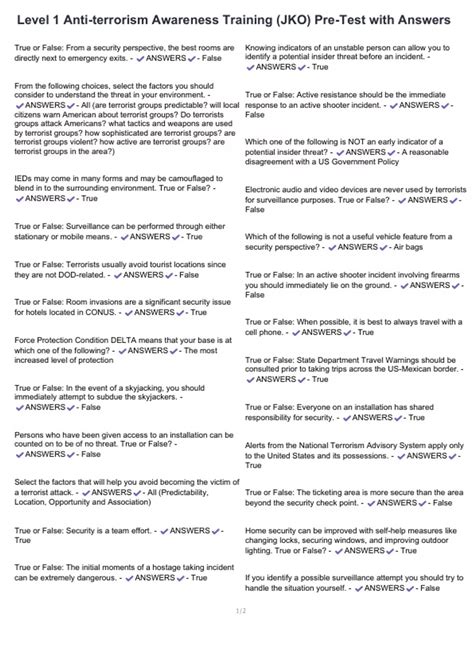 Level 1 Anti-terrorism Awareness Training (JKO) Pre-Test with Answers ...