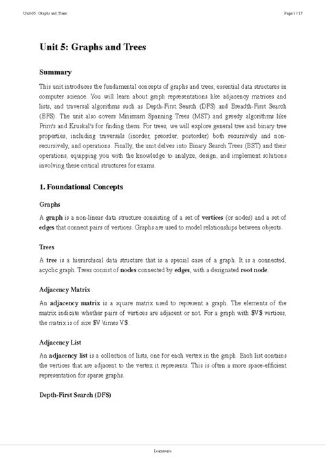 Unit 5: Summary of Graphs and Trees Concepts and Algorithms - Studocu