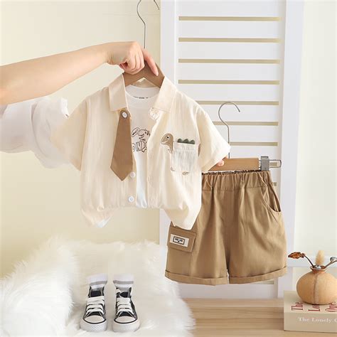 Boys Off White Dinosaur Appliqued Shirt With T-Shirt Neck Tie And Shor ...