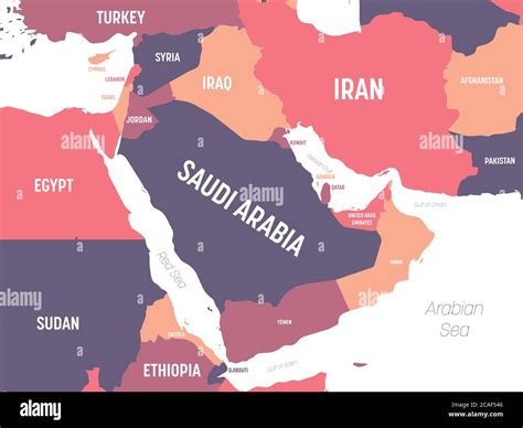 Middle East map. High detailed political map of Middle East and Arabian Peninsula region with ...