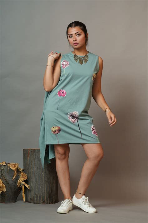 Sea Green Floral Printed T-Shirt Dress With Cape – Golden Hour