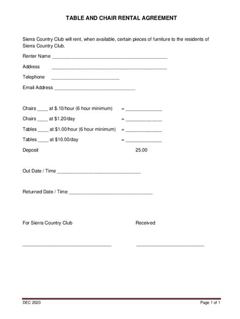 Sierra Country Club Table and Chair Rental Agreement - Blank Fillable ...