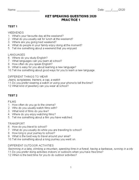 KET Speaking Practice Questions 2020 - Test 1 to Test 8 - Studocu