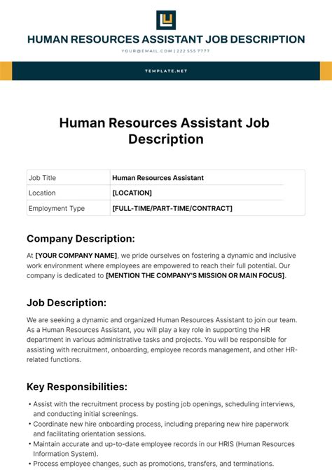 Free Human Resources Assistant Job Description Template to Edit Online