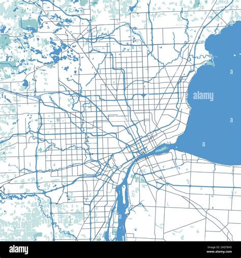 Map of Detroit in Michigan in blue. Contains layered vector with roads ...